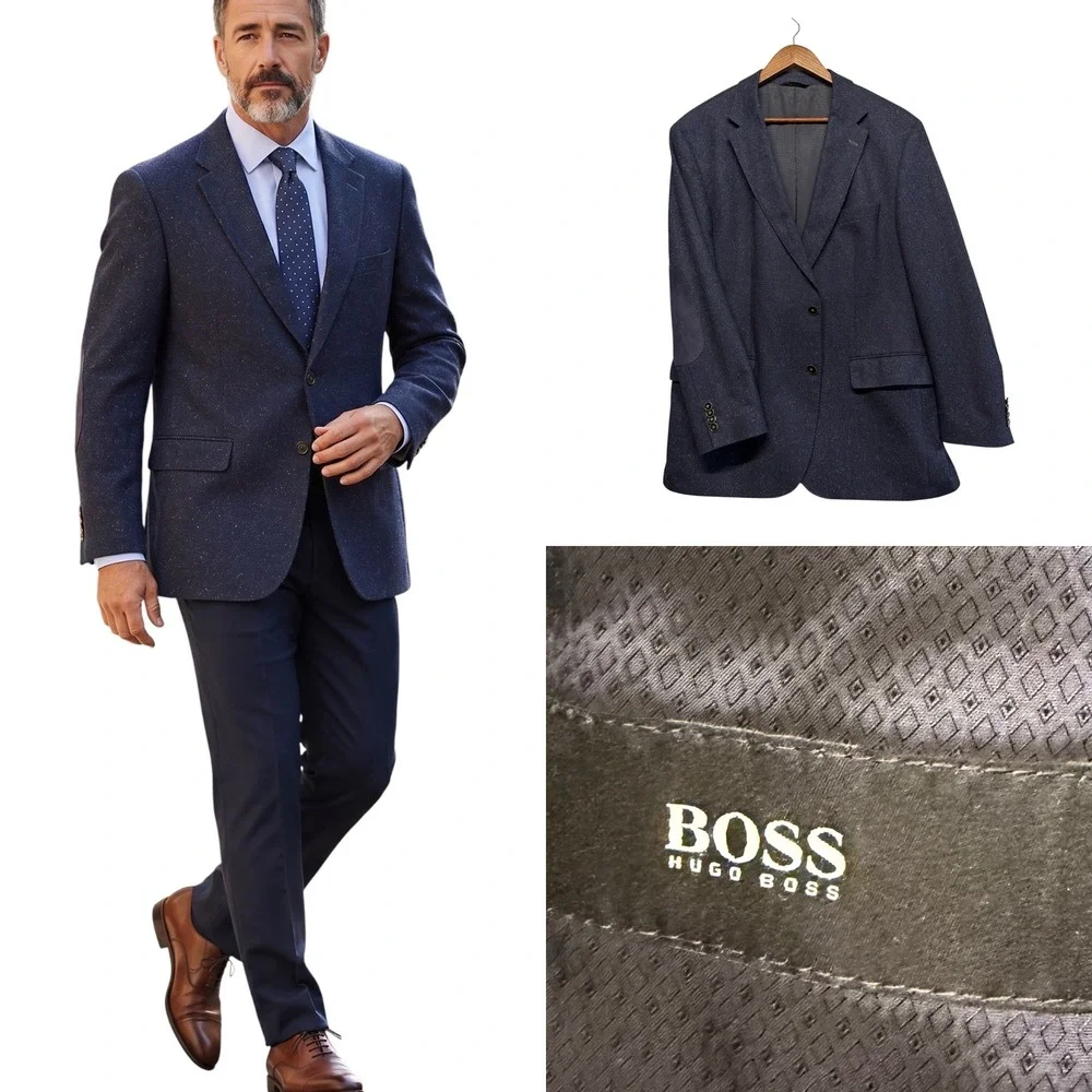 Hugo Boss Sport Coat Men 46R Wool Silk Blend Elbow Patch Stretch Blazer Career